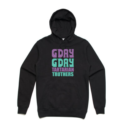 Unisex Hoodie G'Day G'Day Tartarian Truthers (Purple & Teal Text) Thumbnail