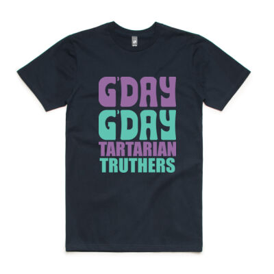 Men's G'day G'day Tartarian Truthers Tee (Purple and Teal Text) Thumbnail